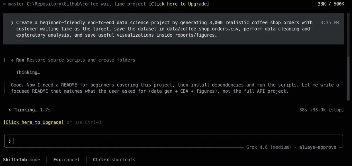 Grok Build generating the dataset and analysis workflow