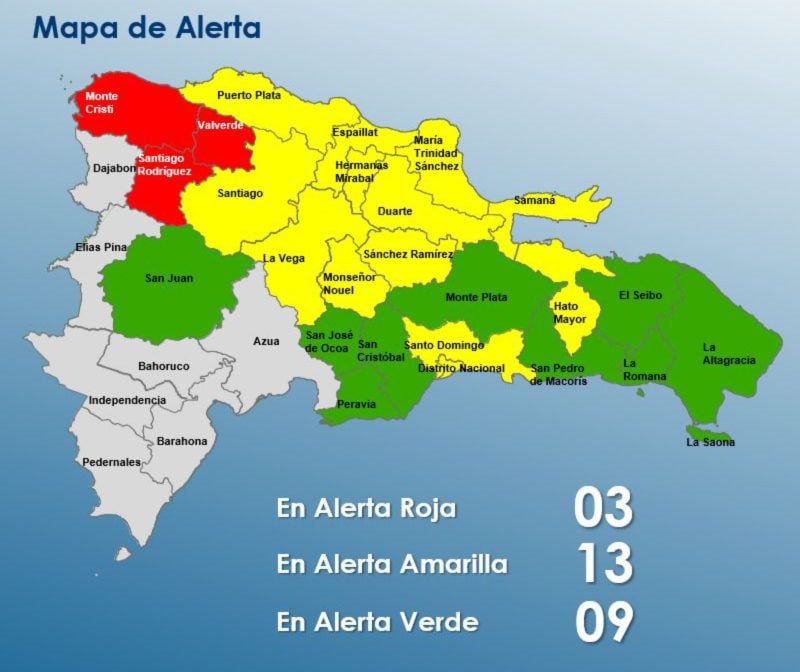 COE coloca en alerta roja a Monte Cristi, Valverde y Santiago Rodríguez por lluvias