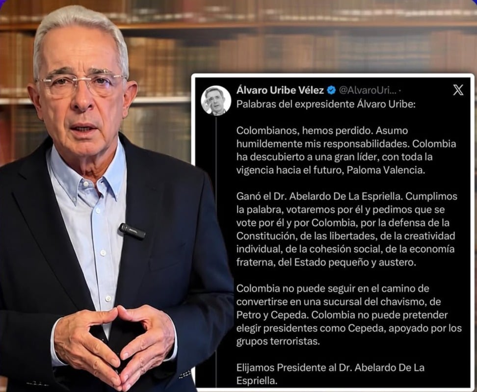 VIDEO: Álvaro Uribe reconoce derrota en elecciones de Colombia junto a Paloma Valencia y se suma a Abelardo de la Espriella