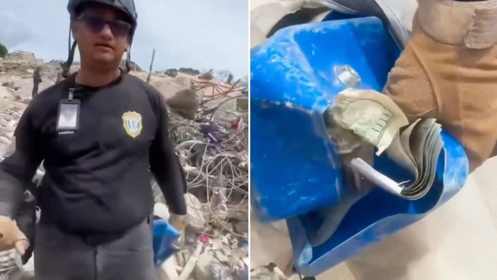 Arrestan a policía de video viral que intentó robarse dólares entre escombros en Venezuela
