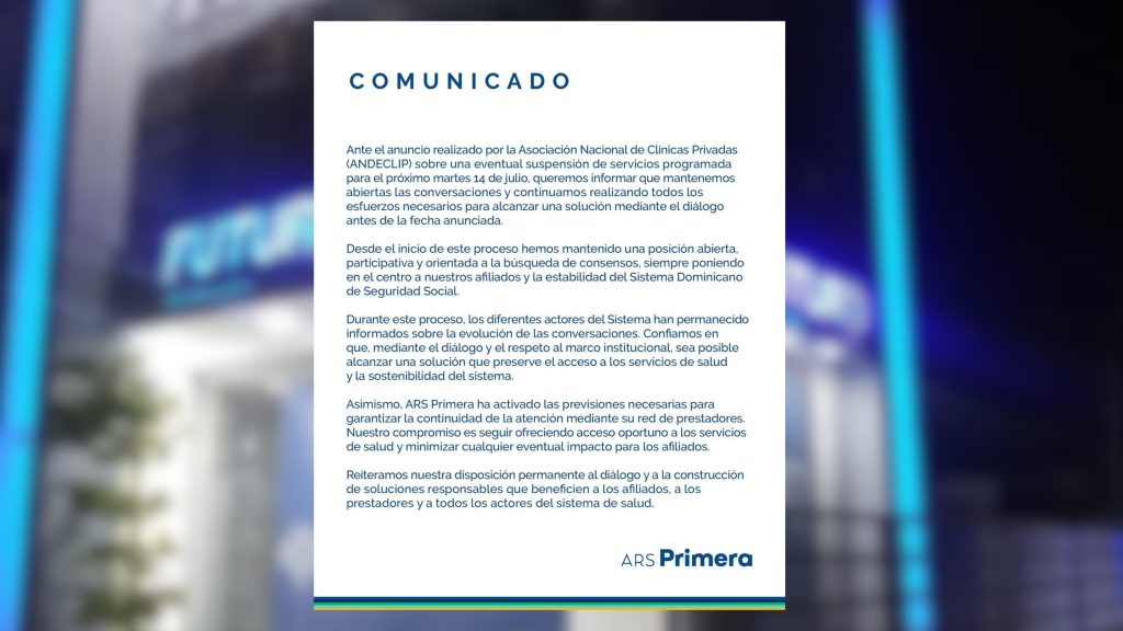 ARS Primera: ‘Mantenemos las conversaciones abiertas’ ante la amenaza de suspensión de servicios’