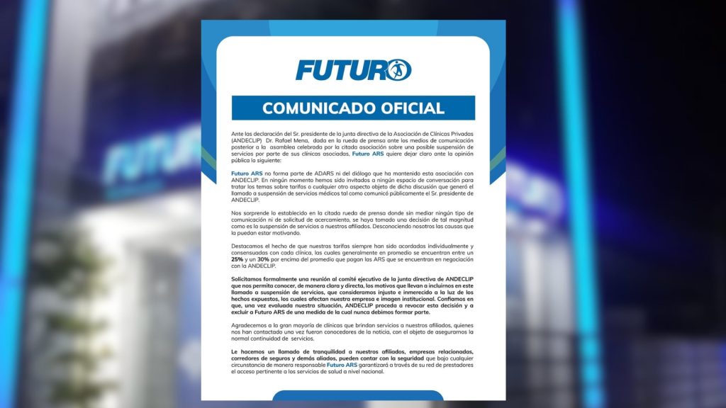 Futuro ARS pide reunión con ANDECLIP tras llamado a suspender servicios médicos